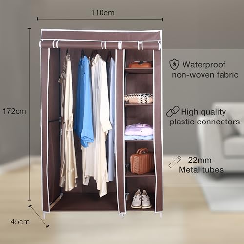 Amal brown tall double canvas wardrobe with rail and shelves – 172cm