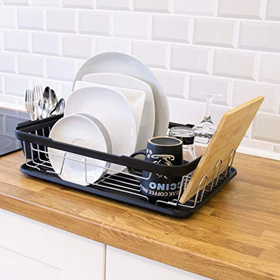 Anika 69049 Kitchen Dish Drainer Rack/Separate Cutlery Holder/Removable Drip Tray/Black Colour / 41 x 32 x 9.5cm