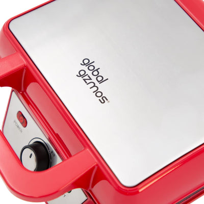 Global Gizmos 37579 Two Slice Waffle Maker/Non-Stick Waffle Machine/Adjustable Temperature/Easy Clean Stainless Steel/Non-Slip Base & Cool Touch Handle/Red Colour