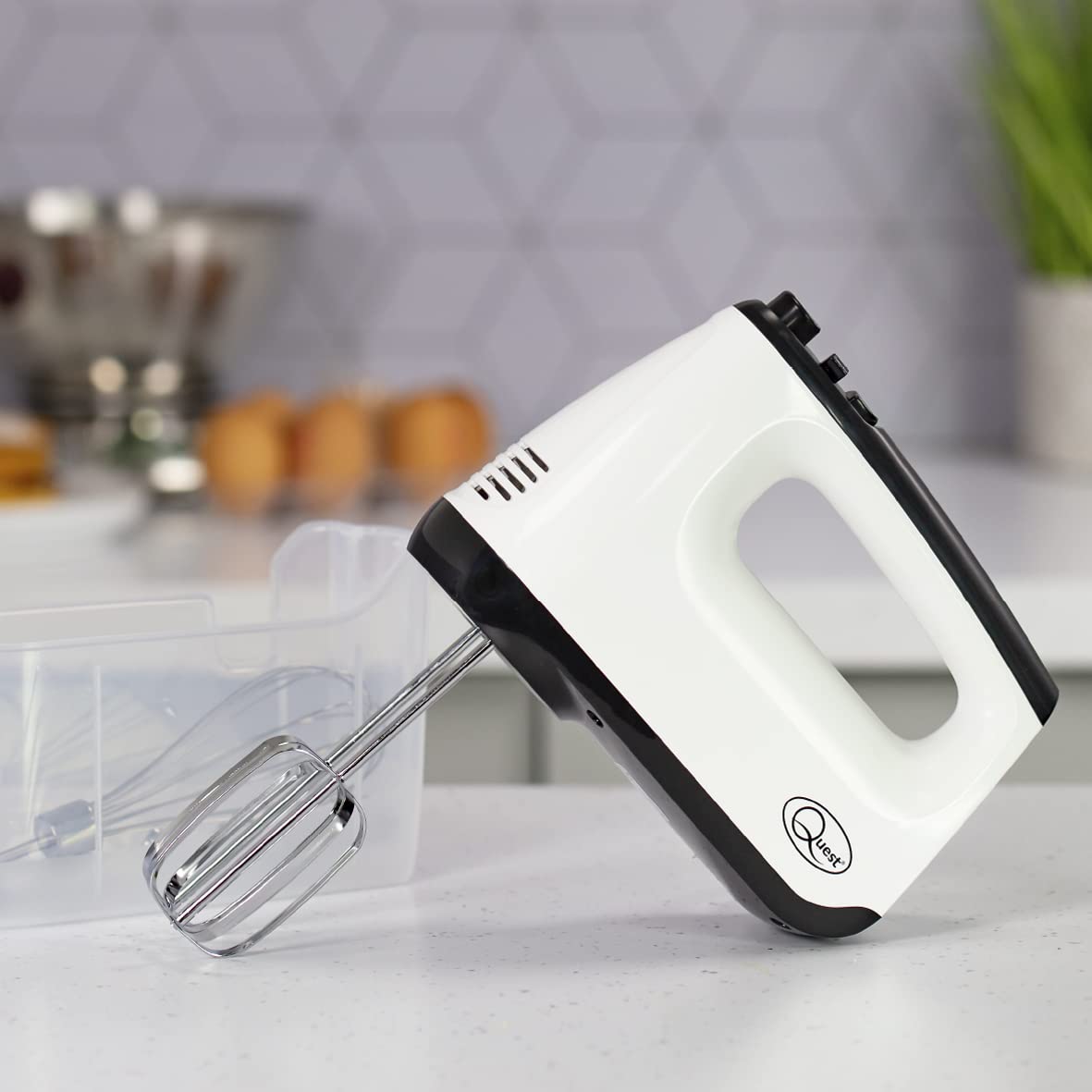 6 Speed Hand Mixer with Storage Case, Beaters, Dough Hooks & Whisk, White - Quest