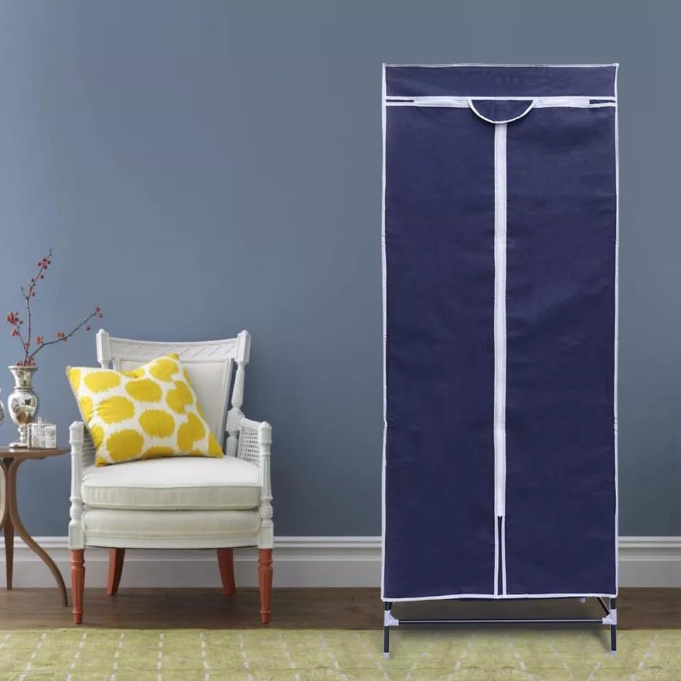 Blue fabric canvas wardrobe with clothes rail and shelf