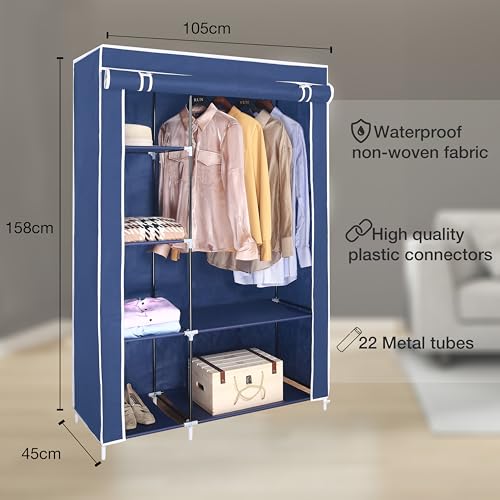 AROME PUR blue double canvas wardrobe with rail and shelves – 158cm