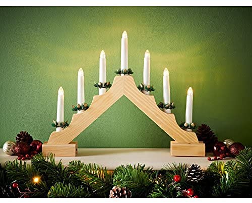 Traditional Wooden Christmas Candle bridge Arch 7 Warm White Flameless LED Candles Christmas Window Decoration Or Table Decoration Low Voltage Mains Operated (Pine)
