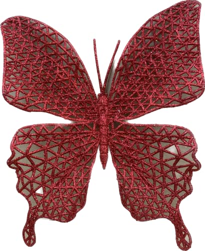 Set of three large red glitter clip-on butterfly decorations