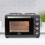 Quest 26L black countertop mini oven with twin hob and rotisserie