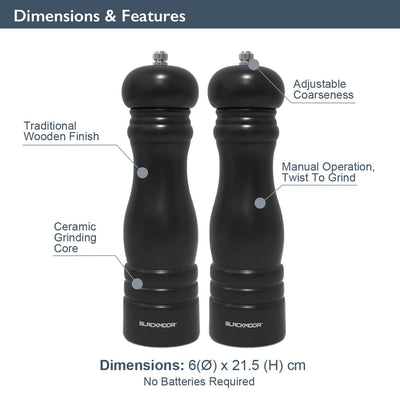 Blackmoor 68049 Manual Salt and Pepper Grinder Set/Classic Wooden Design with Ceramic Grinding Core/Adjustable Coarseness/Black Colour