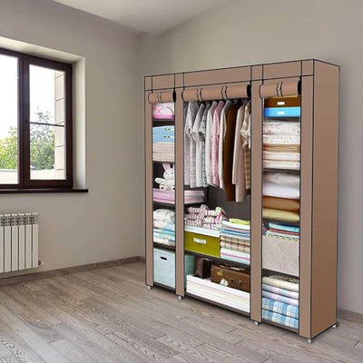Generic Fabric Canvas Wardrobe Organizers Clothes Rail Shelves Storage Closet Triple (Brown), 63-64-65-66A