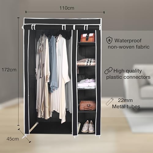 Amal black tall double canvas wardrobe with rail and shelves – 172cm