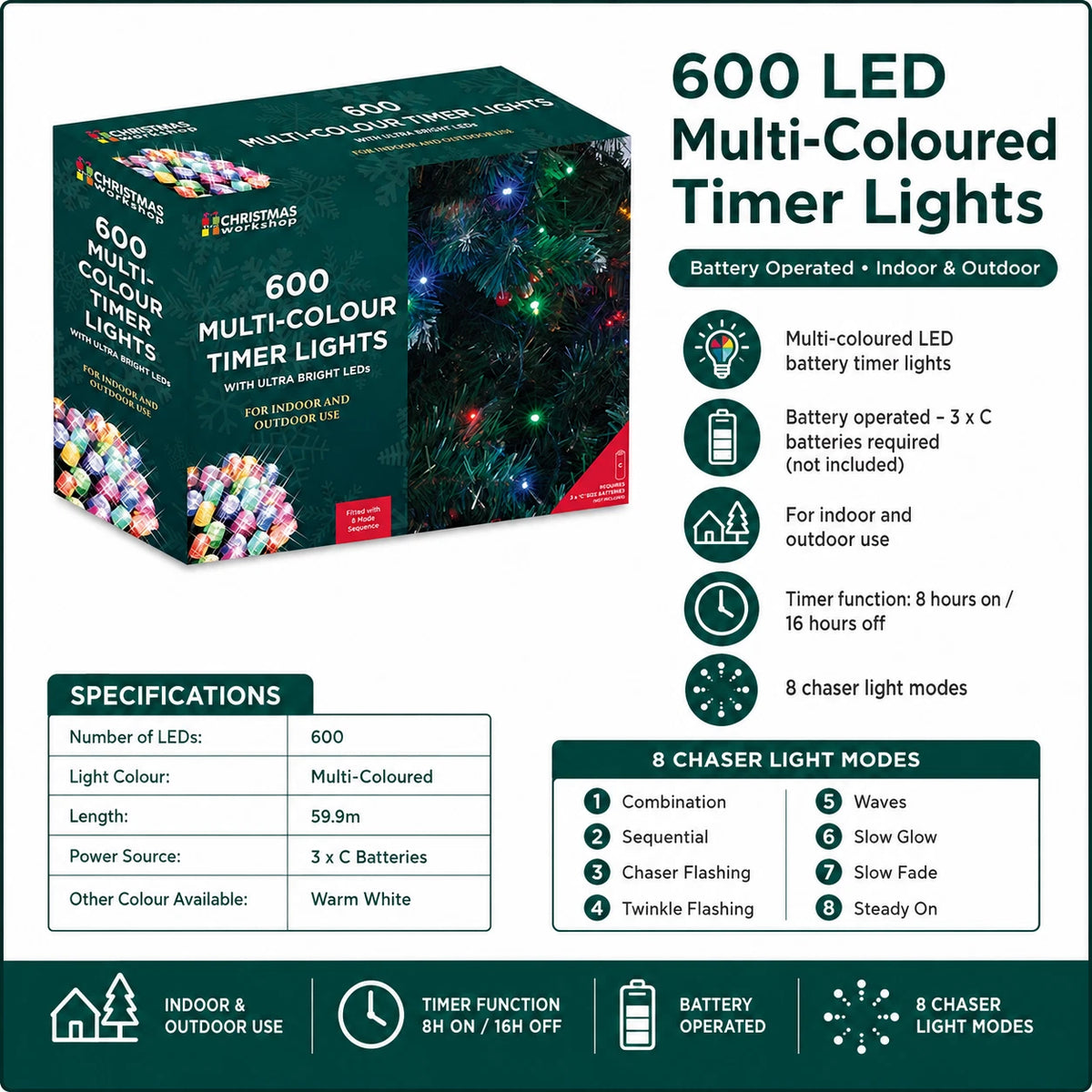 600 LED multi coloured battery timer Christmas lights specifications
