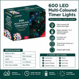 600 LED multi coloured battery timer Christmas lights specifications