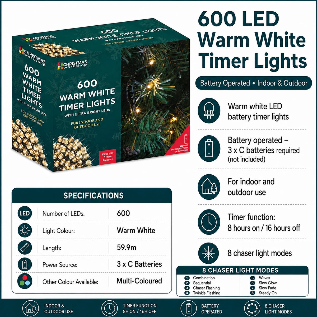 600 LED warm white battery timer Christmas lights specifications