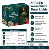 600 LED warm white battery timer Christmas lights specifications