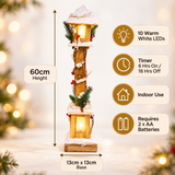 60cm snowy wooden Christmas lamppost size and features guide showing warm white LEDs and timer