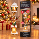 60cm snowy wooden Christmas lamppost shown with The Christmas Workshop retail box