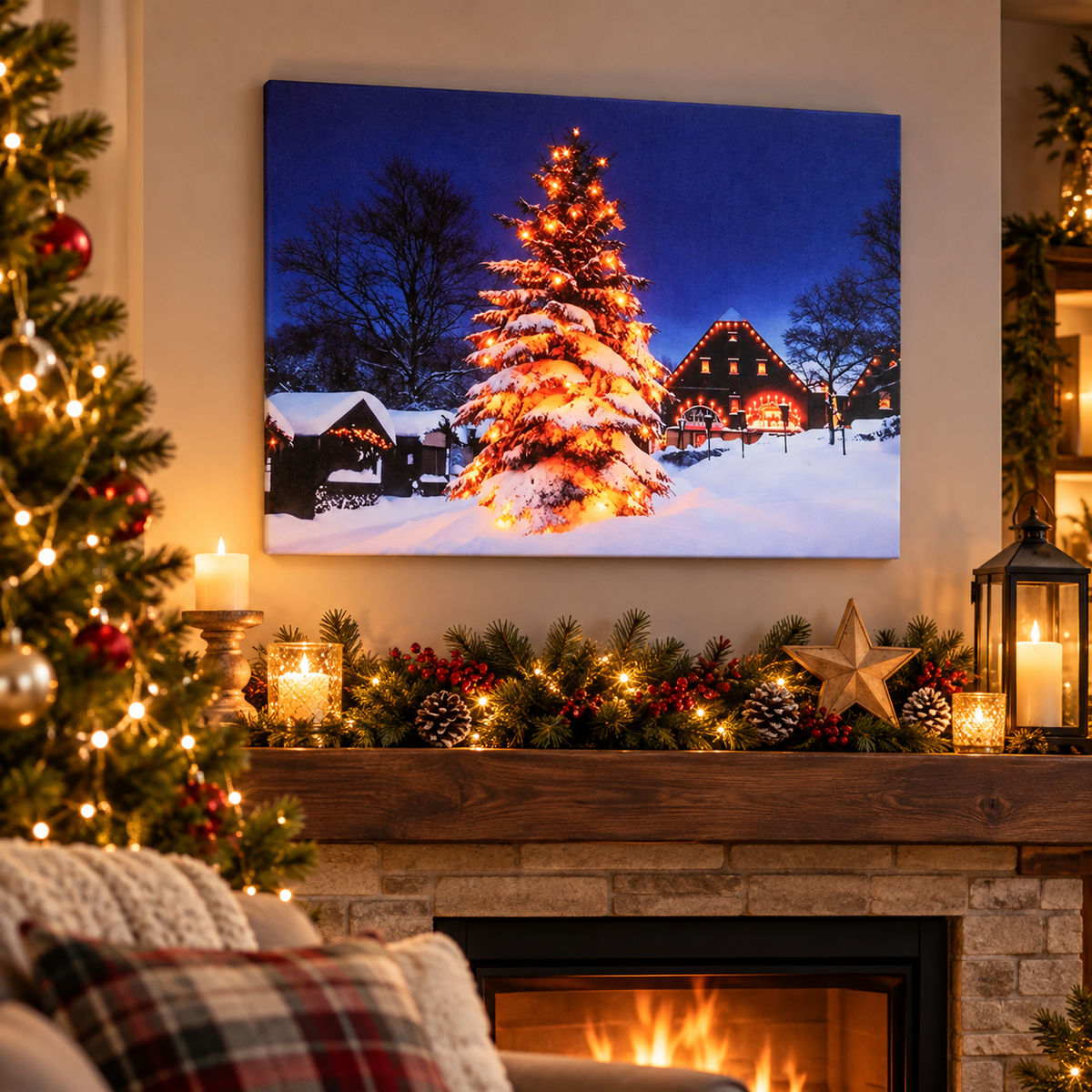 LED Christmas winter canvas displayed above a festive fireplace
