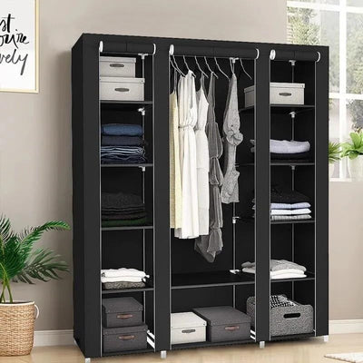 Generic Fabric Canvas Wardrobe Organizers Clothes Rail Shelves Storage Closet Triple (Black), 63-64-65-66A