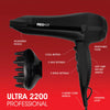 Red Hot 37019 2200W Professional Hair Dryer with Diffuser & Concentrator Nozzles for Dual Styling / 3 Heat Settings, 2 Speed Settings & Cool Air Mode/Black