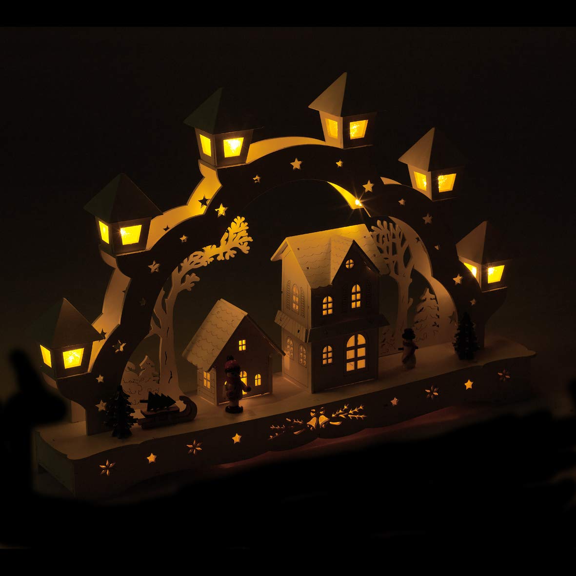 43cm white wooden LED Christmas candle bridge scene
