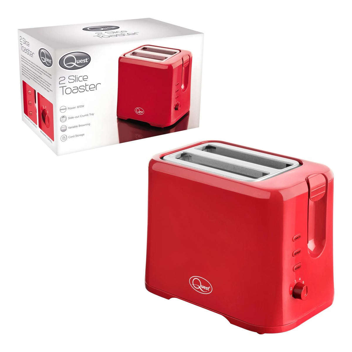 Quest red 2-slice toaster with variable browning