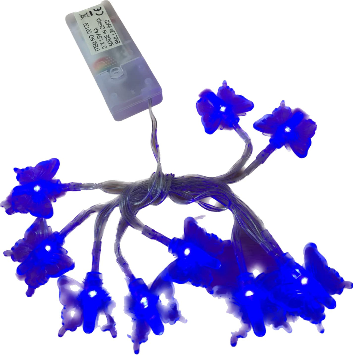 Blue butterfly battery string lights with 10 LEDs, 1m