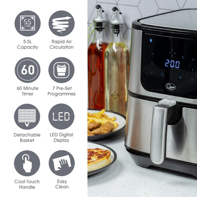 Quest 5.5L Digital Air Fryer/Removable Basket/Energy Efficient/Non-Stick/Adjustable Temperature & 60 Min Timer/Easy Digital Display/Oil Free Air Fryers