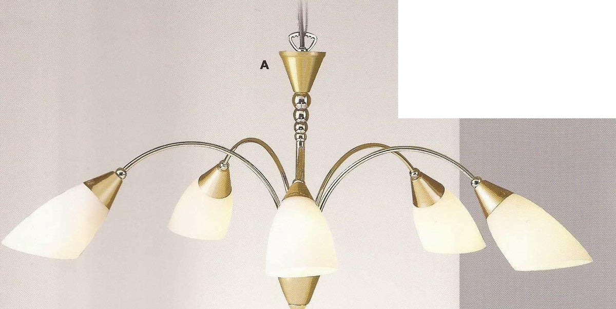 Five-light polished brass curved arm chandelier