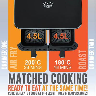Quest 33779 Dual Air Fryer / 9L Total Capacity/Temperature Control & Preset Settings / 60 Minute Timer/Low Fat Oil-Free Cooking/LED Touch Controls/Dishwasher Safe Baskets