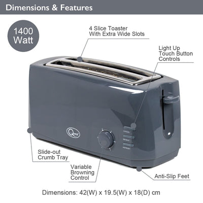 Quest 4 Slice Toaster Grey - Extra Wide Long Slots for Crumpets and Bagels - 6 Settings - Reheat and Defrost