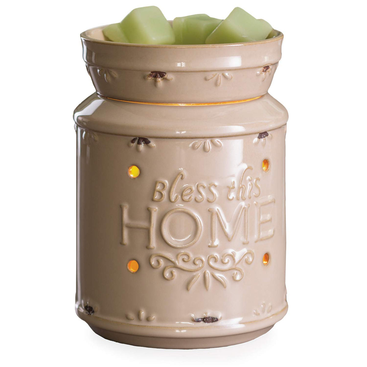 CANDLE WARMERS ETC. Illumination Fragrance Warmer in vanilla cream with Bless This Home debossed text, featuring a removable dish and halogen bulb for wax melts.