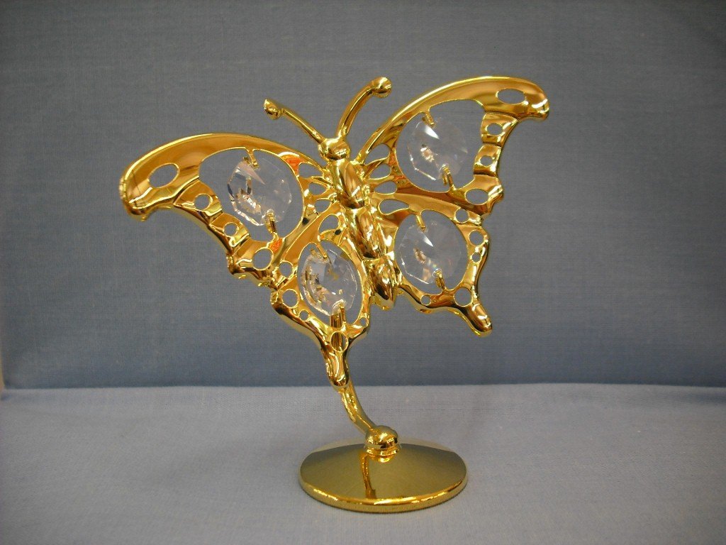 24K gold-plated butterfly ornament on stand with Swarovski crystal