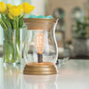 Edison Style Illumination Fragrance Warmer, light bulb in glass container next to yellow flowers, ideal for wax melts and essential oils.