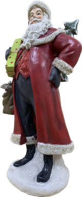 Two resin Santa ornaments with festive gift details