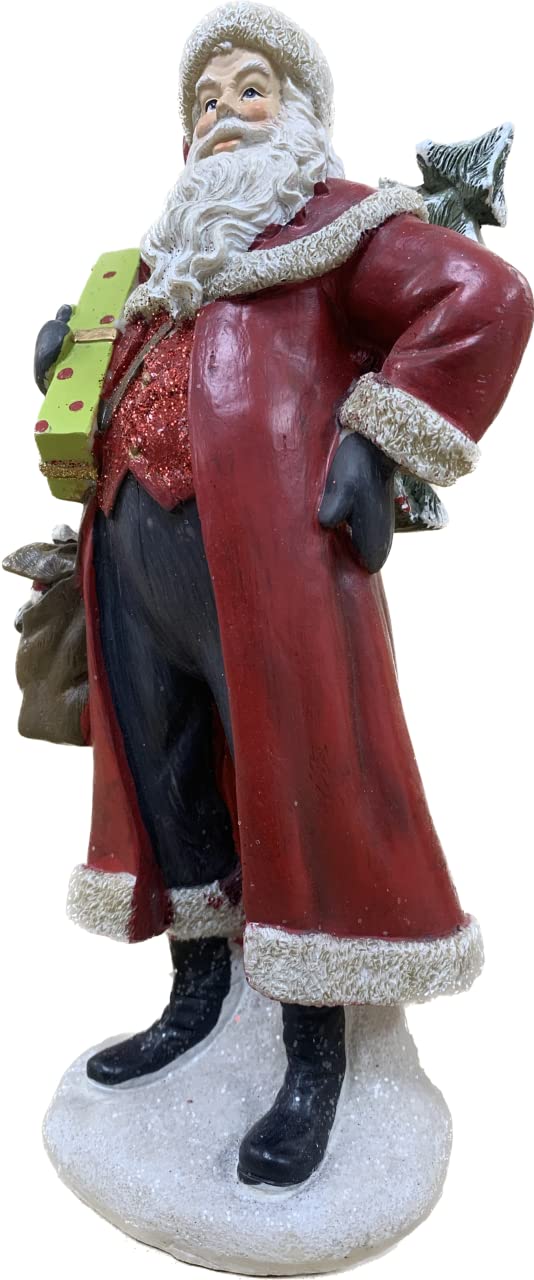 Two resin Santa ornaments with festive gift details
