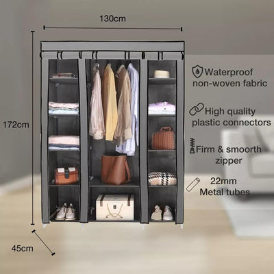 Generic Fabric Canvas Wardrobe Organizer Clothes Rail Shelves Storage Closet Double Tall (Grey), 59-60-61-62A