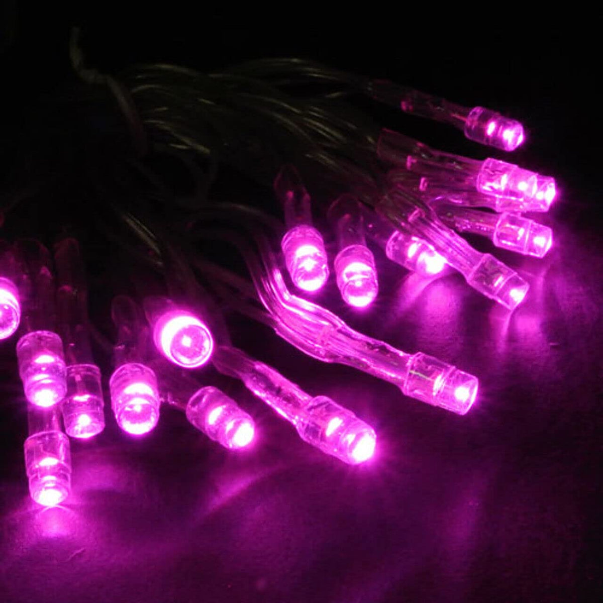 50 pink LED battery string lights on clear cable 5m