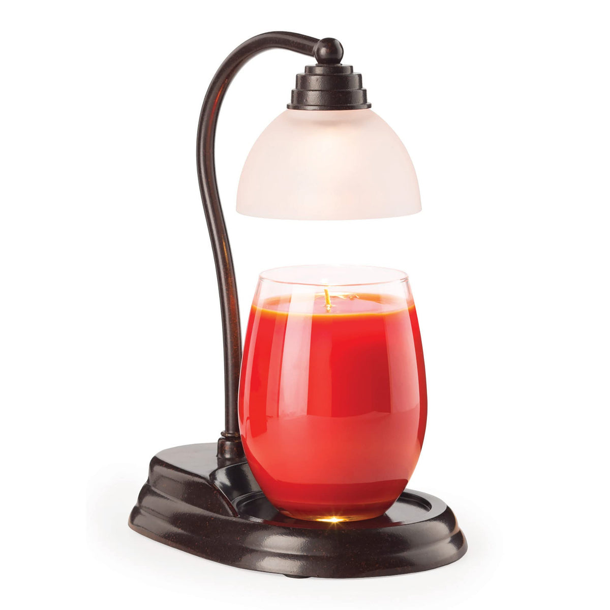 Candle Warmers, Etc. Aurora Candle Warmer Lamp Bronze in a glass container, featuring a classic curve and frosted glass shade.