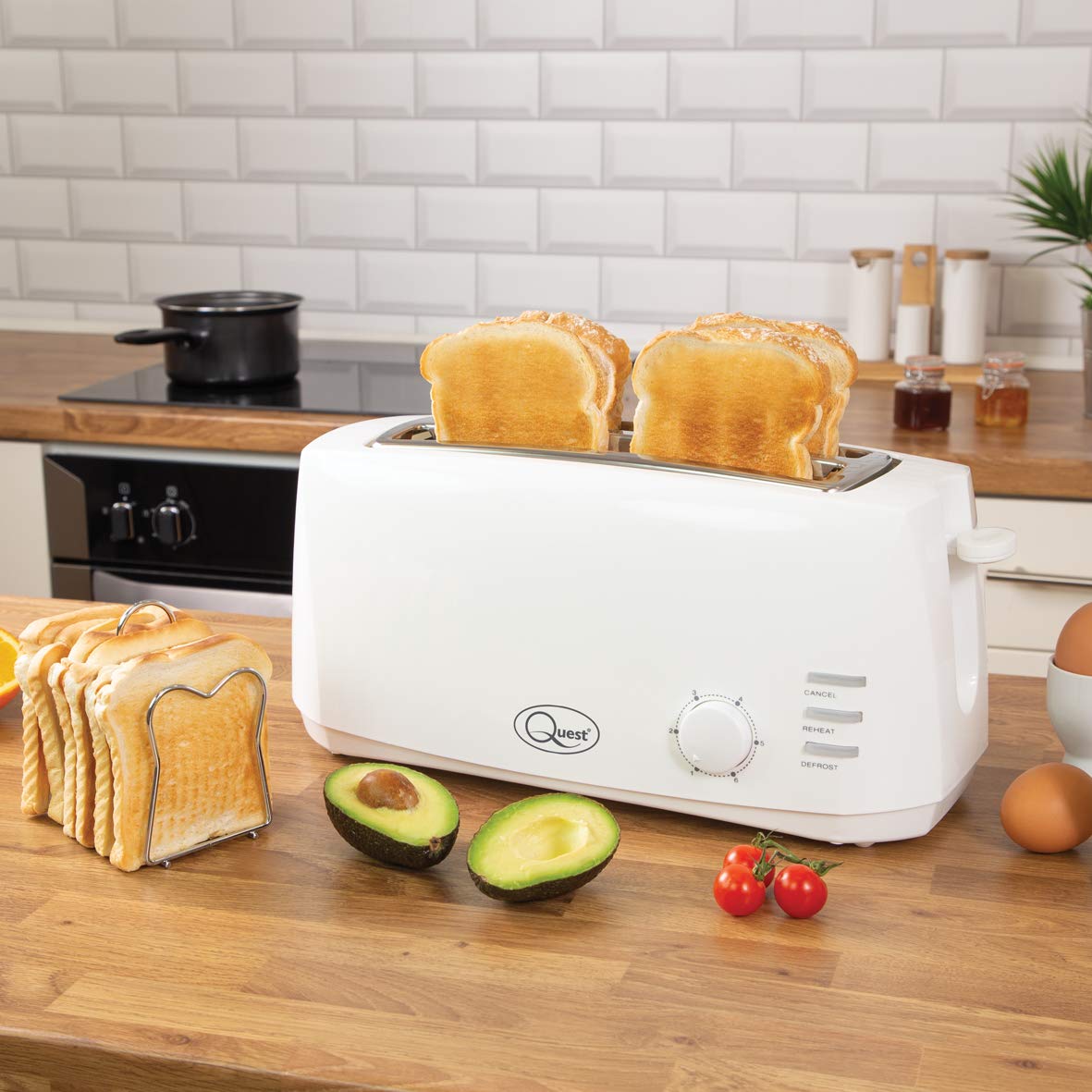 Quest 4 Slice Toaster White Extra Wide Long Slots for Crumpets and B