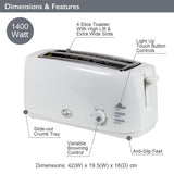 Quest 1400W white 4-slice toaster with extra-wide slots
