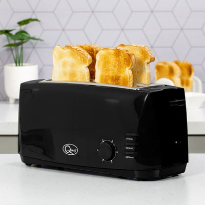 Quest 4 Slice Toaster Black - Extra Wide Long Slots for Crumpets and Bagels - 6 Settings - Reheat and Defrost