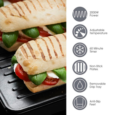 Quest 34359 2-in-1 Health Grill & Panini Press/Non-Stick Healthy Grilling/Adjustable Temperature Dial / 180° Floating Hinge/Overheat Protection / 2000W