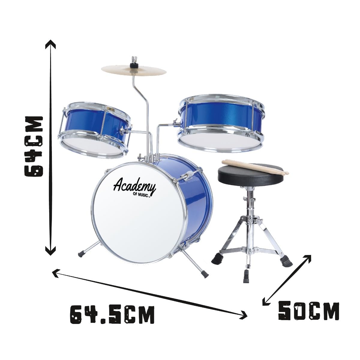 Blue kids 3-piece drum kit with stool, sticks and cymbal