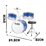 Blue kids 3-piece drum kit with stool, sticks and cymbal