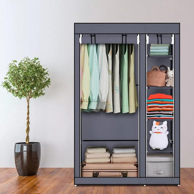 Generic Fabric Canvas Wardrobe Organizer Clothes Rail Shelves Storage Closet Double Tall (Grey), 59-60-61-62A