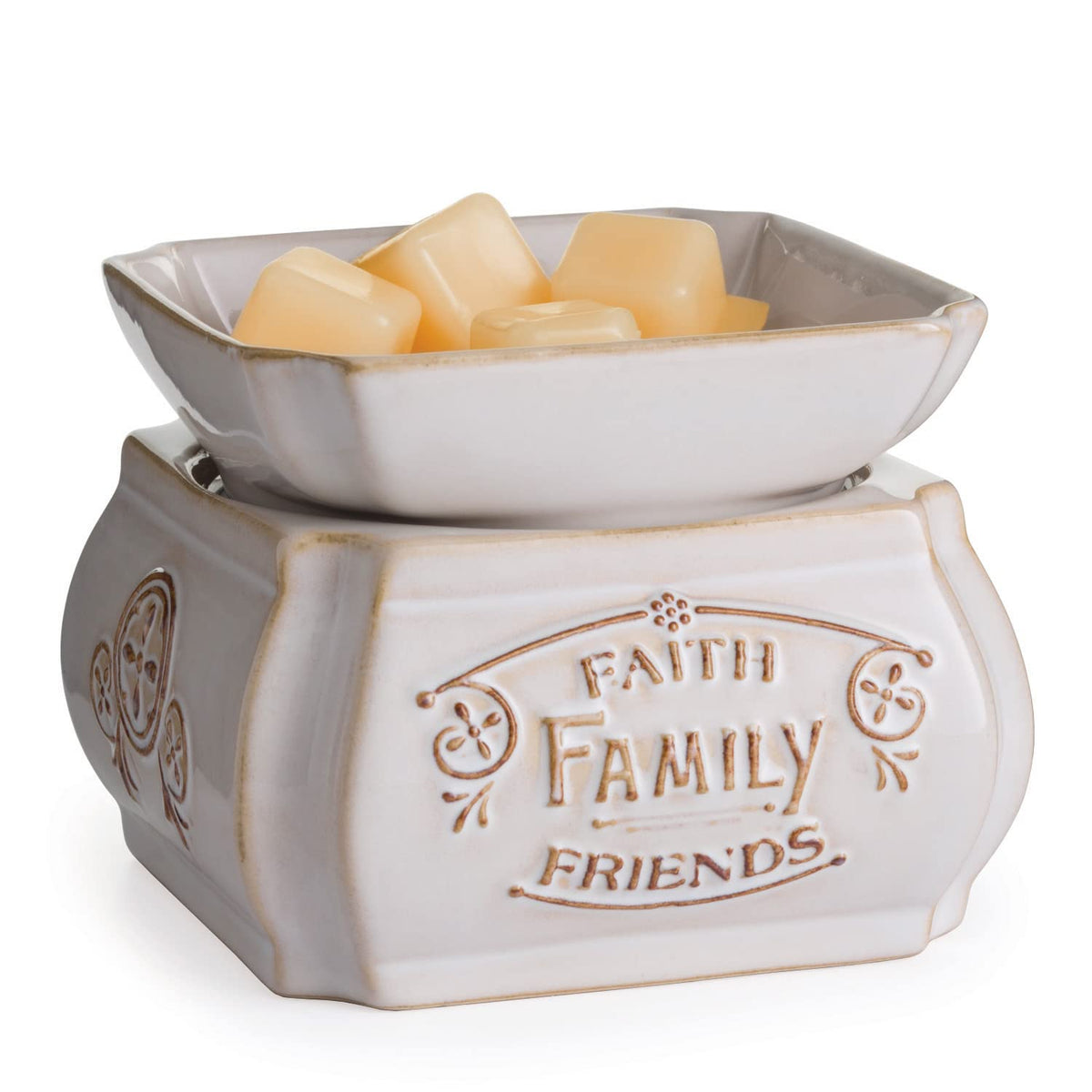 Candle Warmers Etc. 2-in-1 candle and wax melt warmer with Faith Family Friends design