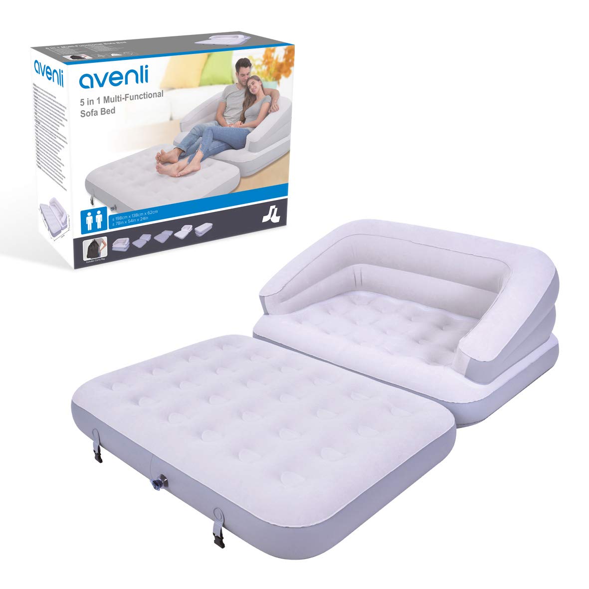 5-in-1 Inflatable Sofa Bed & Camping Chair, Grey - Avenli