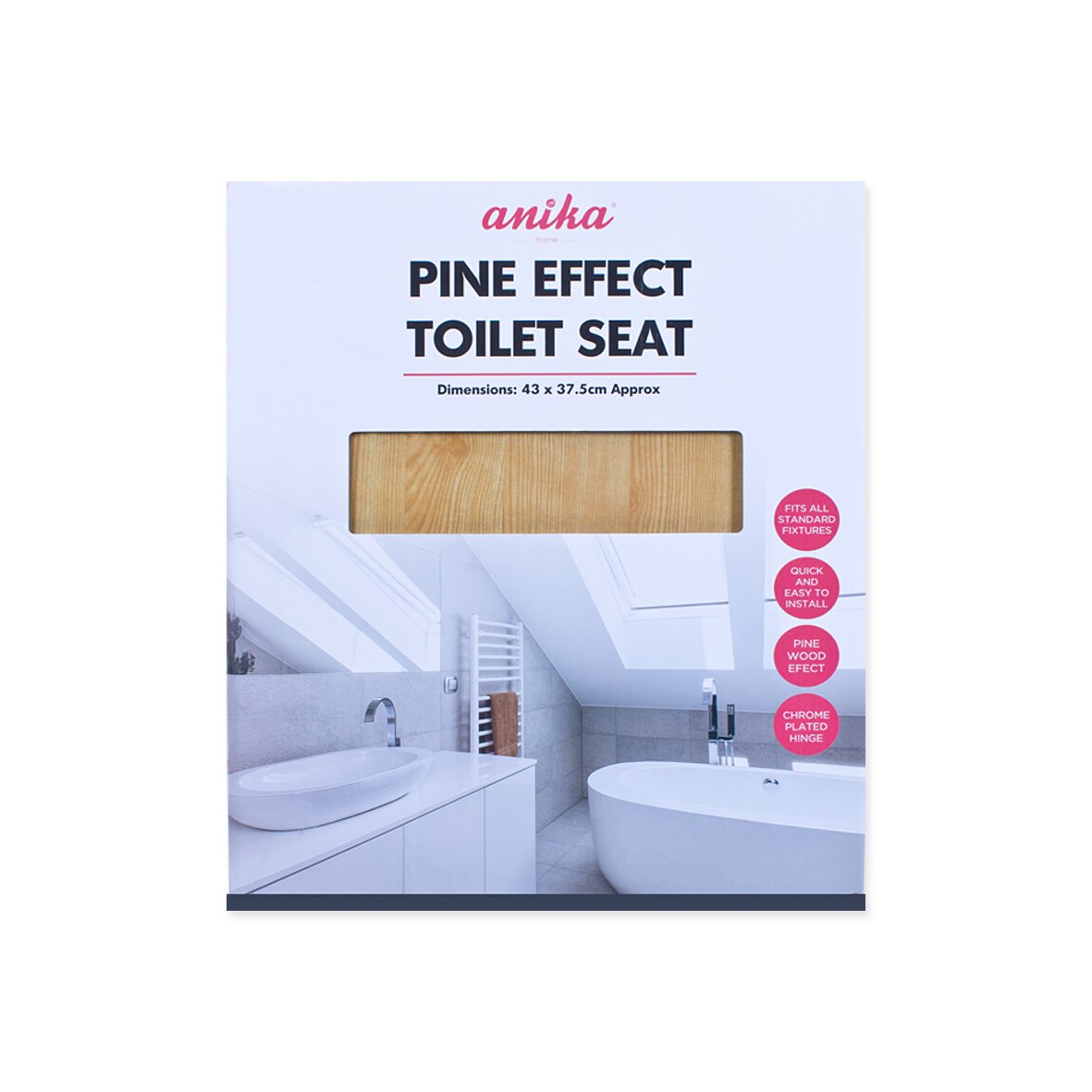 Pine-effect toilet seat with chrome hinges