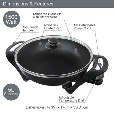 Quest 35870 Electric Non-Stick Wok with Lid Included / 5 Precise Temperature Options/Rapid Heating Technology / 33cm Diameter/Detachable Power Cord for Serving / 1500W
