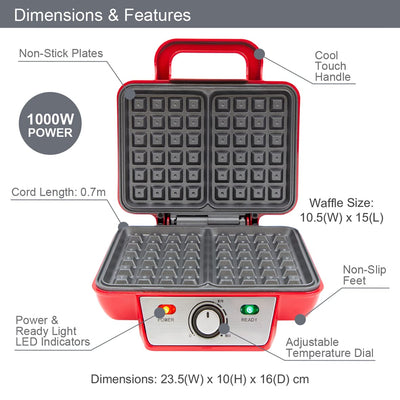 Global Gizmos 37579 Two Slice Waffle Maker/Non-Stick Waffle Machine/Adjustable Temperature/Easy Clean Stainless Steel/Non-Slip Base & Cool Touch Handle/Red Colour