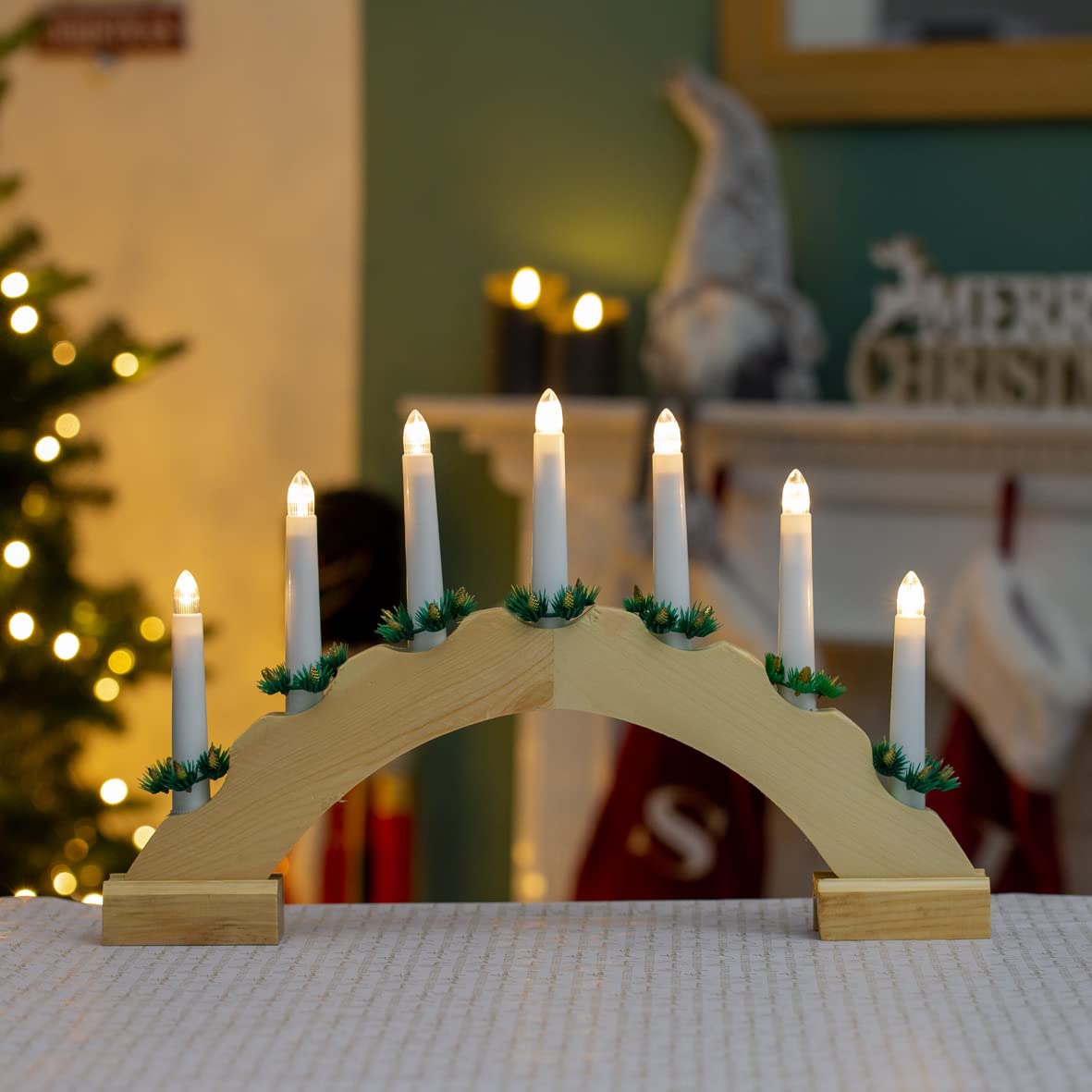 Wooden arched Christmas candle bridge with 7 warm white LEDs