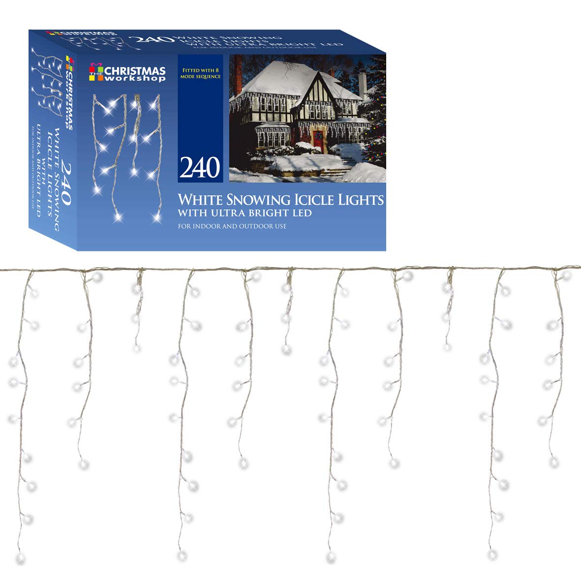 240 bright white LED snowing icicle Christmas lights – 4.7m
